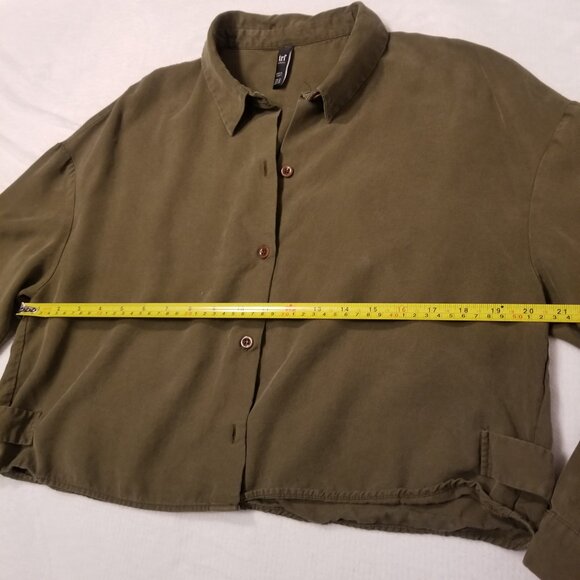 Cropped Button Down Shirt Long Sleeve Army Green Medium Zara TRF Collared Blouse - Picture 10 of 11